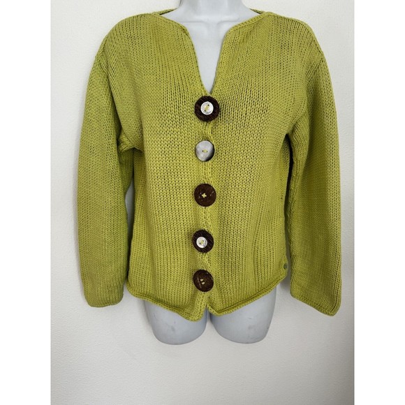 PURE Handknit Artsy Cardigan Sweater Lime Green Wood Buttons - Picture 1 of 6
